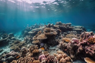 coral reef with variety of fish swimming among the corals and colorful marine creatures, created with generative ai