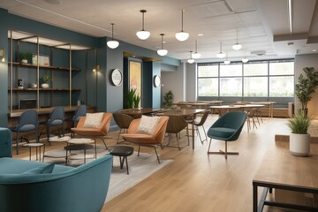 co-working space with modern and sleek decor, featuring collaborative workspaces and lounge areas, created with generative ai