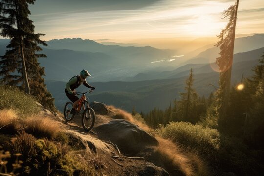 adventure photographer taking pictures of mountain bikers descending down scenic trail, created with generative ai