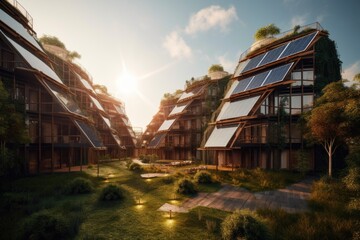 eco-friendly hotel with solar panels, wind turbines and other green energy systems, created with generative ai
