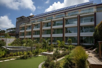 Fototapeta na wymiar green hotel, with solar panels, recycled amenities and eco-friendly atmosphere, created with generative ai