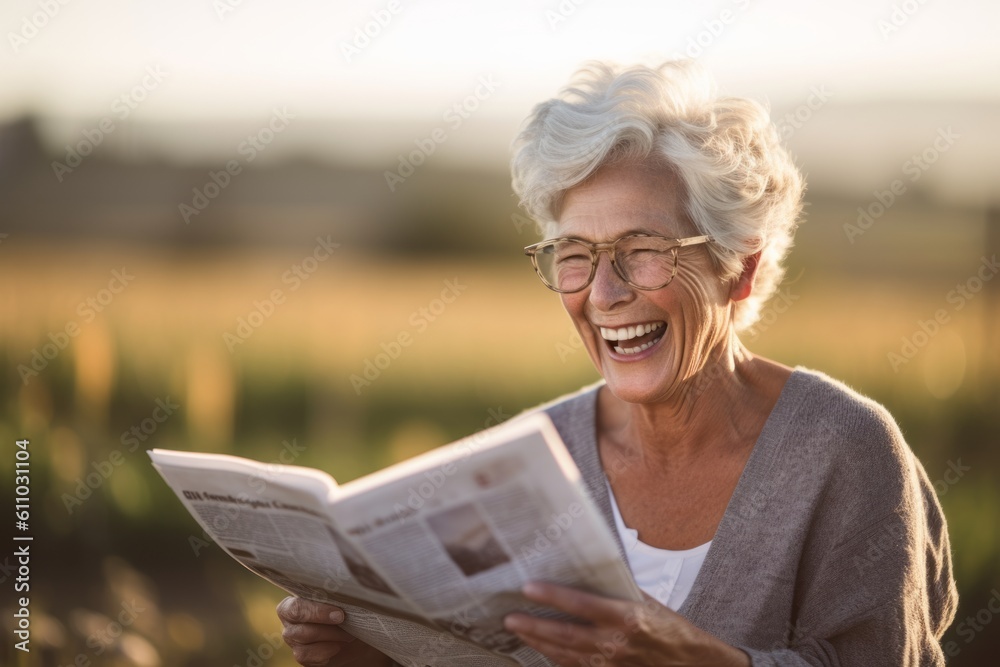 Wall mural Close-up portrait photography of a grinning mature woman reading the newspaper against a picturesque countryside background. With generative AI technology