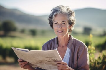 Close-up portrait photography of a grinning mature woman reading the newspaper against a picturesque countryside background. With generative AI technology