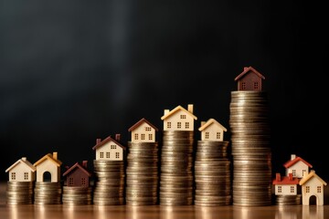 Houses on coin stacks. Real Estate business, building construction cost and finance. Generative AI 