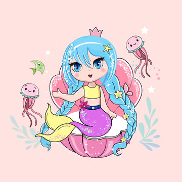 Beautiful cartoon mermaid and jellyfish in kawaii style. Vector illustration art isolated on a pink background. Print for children's T-shirt