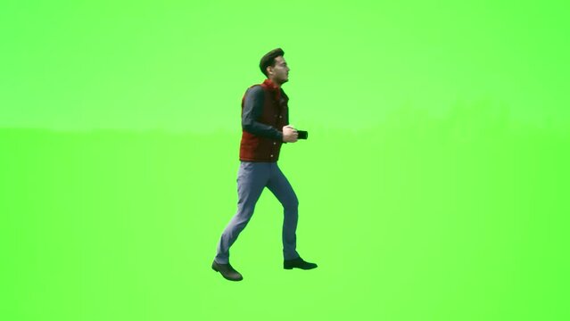 Man traveling on taking pictures of the scenery on vacation, realistic 3D people rendering isolated on green screen.