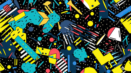 Fun Retro 1990s Style Pattern of Abstract Colorful Shapes on a Black Background, Generative AI