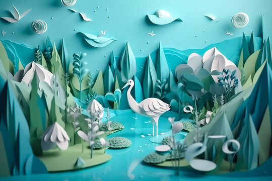 Paper art , Ecology and world water day , Saving water and world Environment day , Environmental protection and save earth water , Created with generative AI