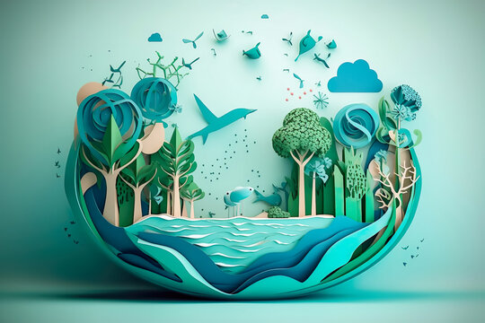Paper art , Ecology and world water day , Saving water and world Environment day , Environmental protection and save earth water , Created with generative AI