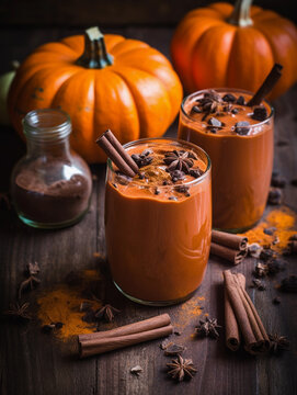 Pumpkin latte autumn image. Two indulgent chocolate and pumpkin smoothies showcased amidst an enchanting setup of pumpkins, evoking a captivating fall mood. Generative AI