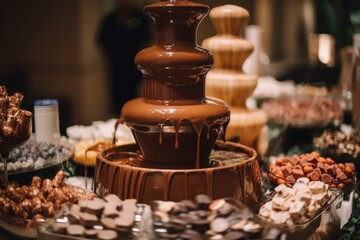 sweet and savory bites dipped in chocolate fountain at elegant party, created with generative ai