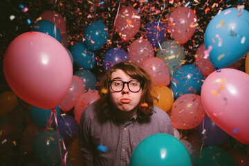Generative AI illustration of nerd guy with long hair in eyeglasses making face and looking at camera with colored balloons during 80s party