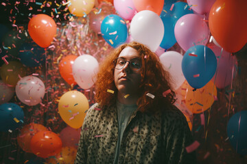 Generative AI illustration of nerd guy with long hair in eyeglasses looking at camera between multicolored balloons during 80s party
