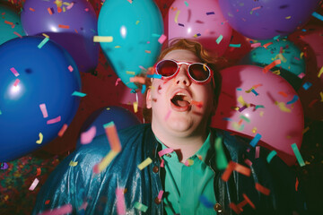 Generative AI illustration top view of joyful young plus size guy in trendy leather jacket and sunglasses shouting happily while lying amidst balloons