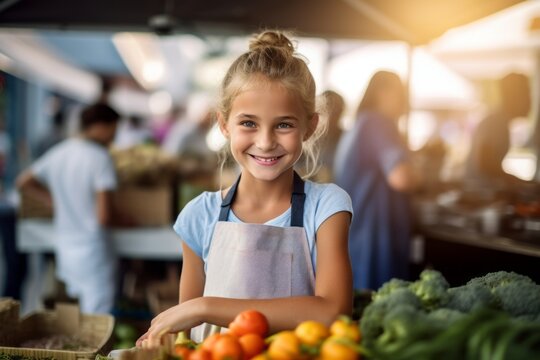 Medium shot portrait photography of a glad kid female cooking against a bustling farmer's market background. With generative AI technology