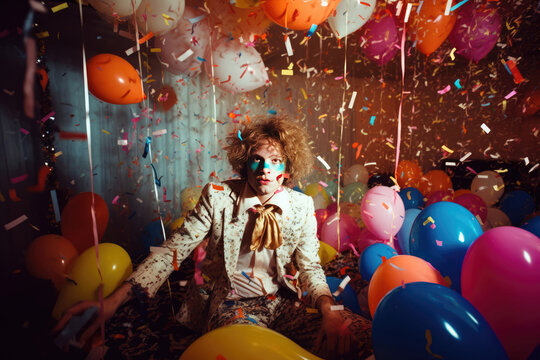 Generative AI of cool young guy with messy hair and painted face in festive clothes sitting amidst colorful balloons and confetti during 80s party