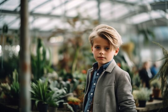 Medium shot portrait photography of a glad kid male growing plants in a greenhouse against a lively concert venue background. With generative AI technology