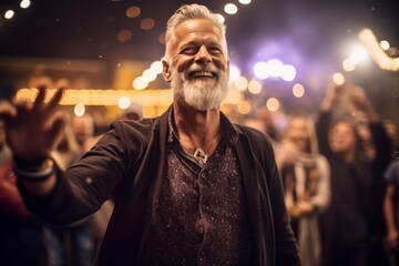 Close-up portrait photography of a glad mature man dancing against a lively concert venue background. With generative AI technology