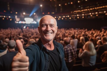 Fototapeta premium Lifestyle portrait photography of a grinning mature man showing ok gesture against a lively concert venue background. With generative AI technology