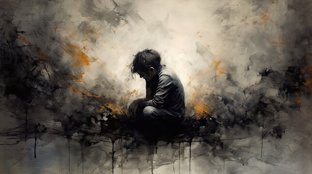 Depressed boy sitting slumped symbolizing bad emotional state, generative ai