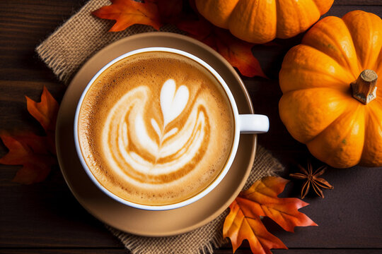 Top view of pumpkin and cup of coffee accompanied by a charming fall-themed arrangement. Vibrant orangery pumpkins and seasonal accents surround the cup, Generative AI