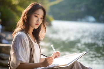 Obraz premium Medium shot portrait photography of a satisfied mature girl drawing against a scenic lagoon background. With generative AI technology