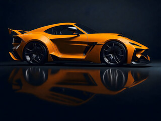 Fototapeta premium Original yellow car design with dark background. Futuristic smart car technology. Generate Ai