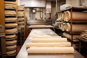pizzeria, with stacks of freshly rolled dough ready for the chef's next creation, created with generative ai