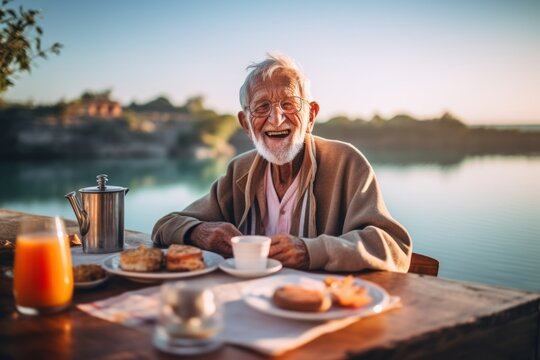 Lifestyle portrait photography of a happy old man having breakfast against a scenic lagoon background. With generative AI technology