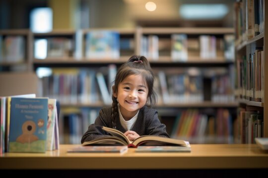 Lifestyle portrait photography of a grinning kid female reading a book against a quiet library background. With generative AI technology