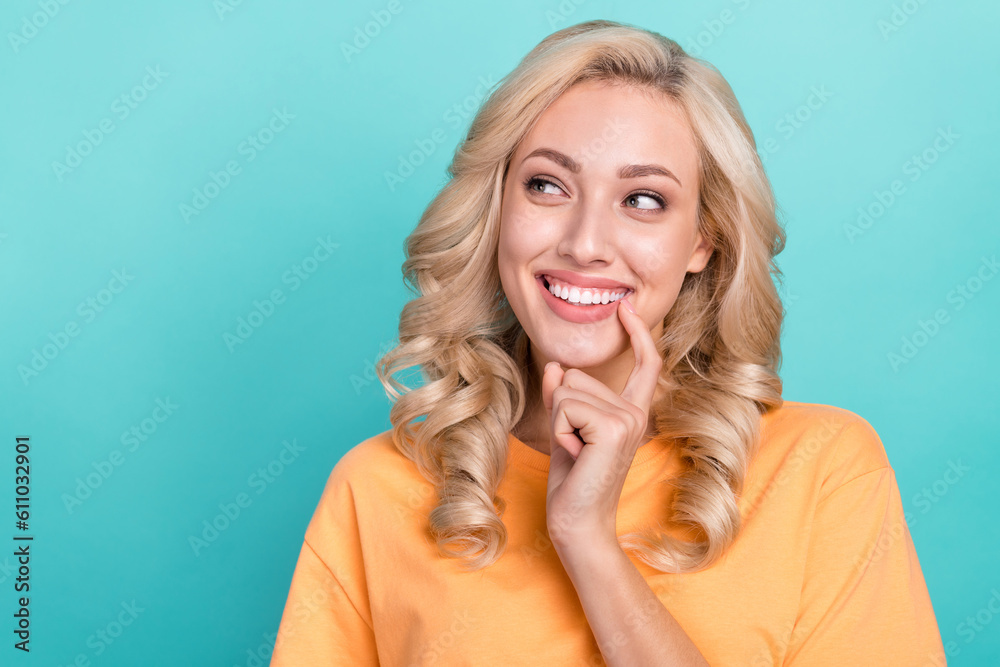 Canvas Prints photo of good mood funky girl wear orange t-shirt finger lips looking empty space isolated turquoise