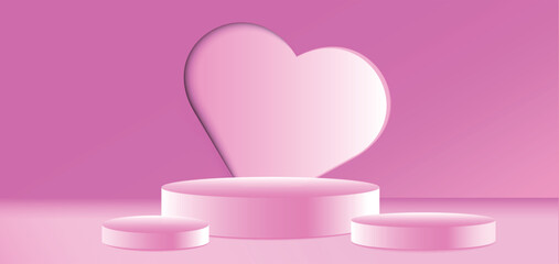 Valentine’s Day background with cylinder podium. For products display presentation, website promotion poster. Vector illustration, Paper art.