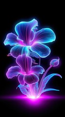 Neon light Iris blooming flower. Modern greeting card floral design with glow light flower. Generative AI