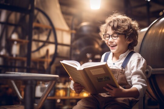 Medium shot portrait photography of a joyful kid male reading a book against a lively brewery background. With generative AI technology