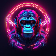 Cute Ape animal in neon style. Portrait of glow light animal. Generative AI