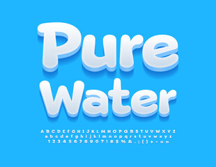 Vector modern Emblem Pure Water. White 3D Font. Artistic Alphabet Letters and Numbers set 