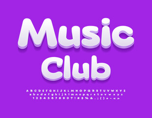 Vector artistic Emblem Music Club. Modern White 3D Font. Creative Alphabet Letters and Numbers set. 