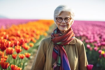 Medium shot portrait photography of a glad mature woman walking against a colorful tulipfield background. With generative AI technology
