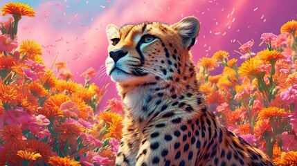 Cheetah in field of wild flowers. Generative AI