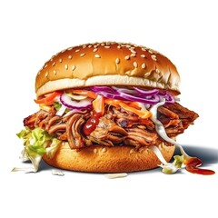 BBQ pulled pork sandwich dish isolated on white background. Generative AI