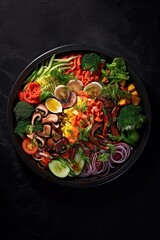 Bibimbap meal on black stone surface background. Generative AI