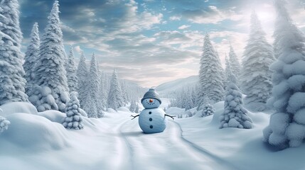 Panoramic view of happy snowman in winter scenery. Generative AI
