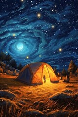 A tent glows under a night sky full of stars. Generative AI