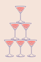 Champagne glasses pyramid. Sparkling wine postcard for web and print. Party invitation with glass tower line art vector illustration.