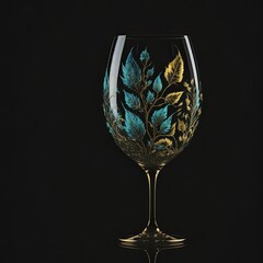 a wine glass with gold leaves on it, tender depiction of nature, glowing colors, leaf patterns, generative AI