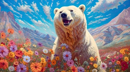 White bear in field of wild flowers. Generative AI