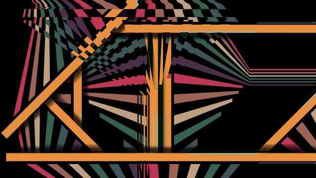art retro drawing lines animated in moving blocks with glitch and green screen at over. 70s years vintage motion graphic modern style 3d with camera slide move