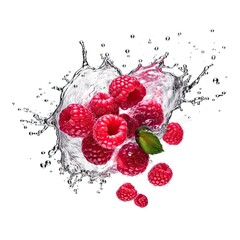 Raspberries fresh fruit in water splash isolated on white background. Generative AI