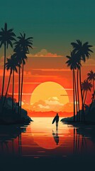Silhouette of surfer people carrying their surfboards on sunset beach. Generative AI - obrazy, fototapety, plakaty