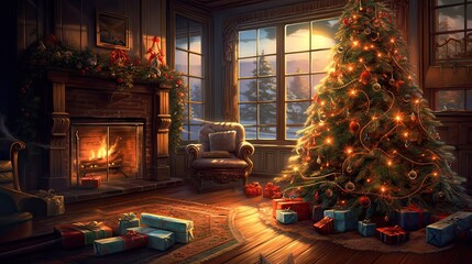 Christmas Tree with decorations near a fireplace with lights. Generative AI